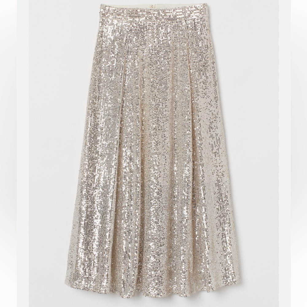H&M Sequin Sparkle Midi Skirt Cream Champagne NWT Size 10